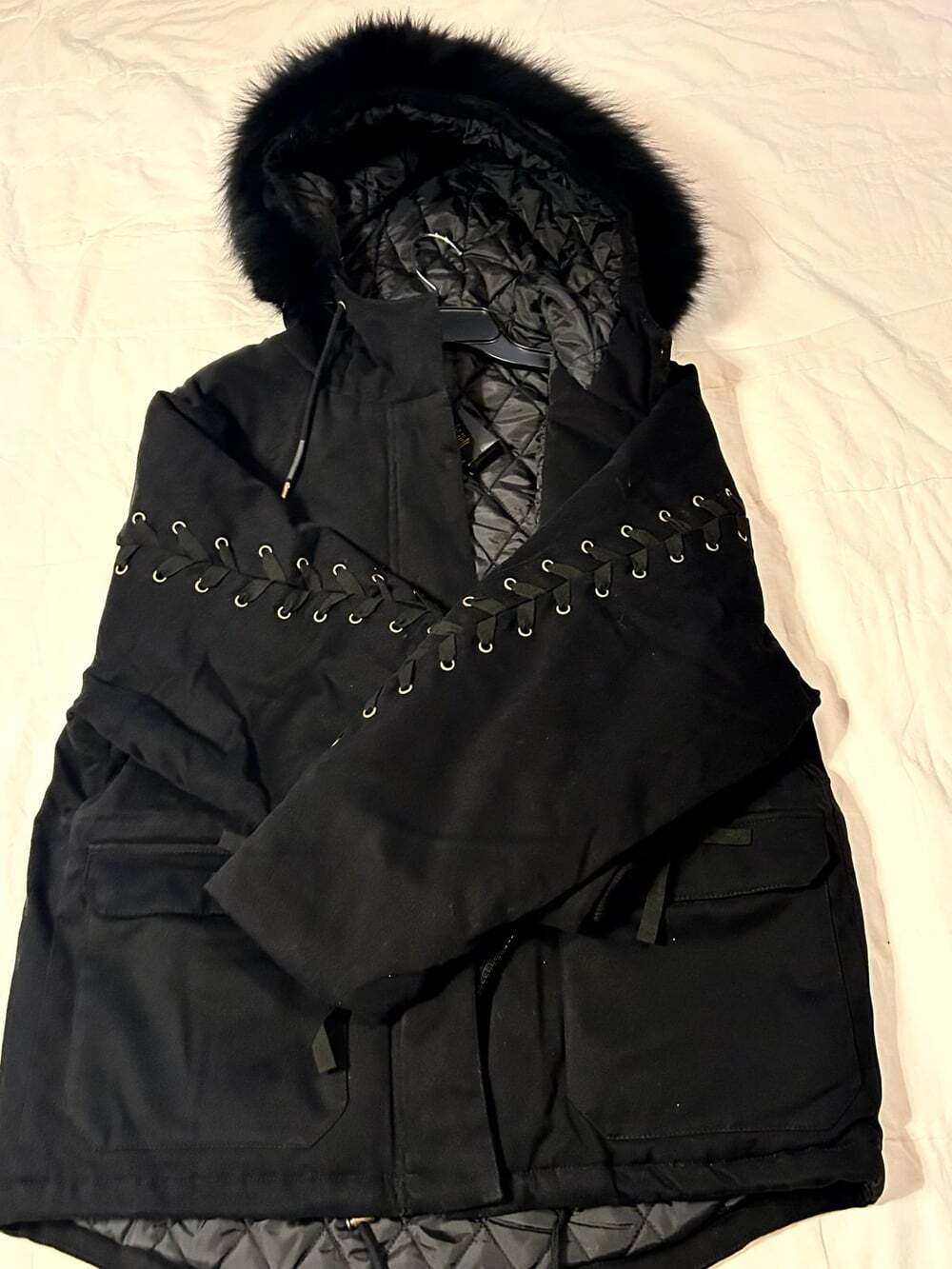 Maje Black Lace Up Parka NWT fur hood size 38 women’s